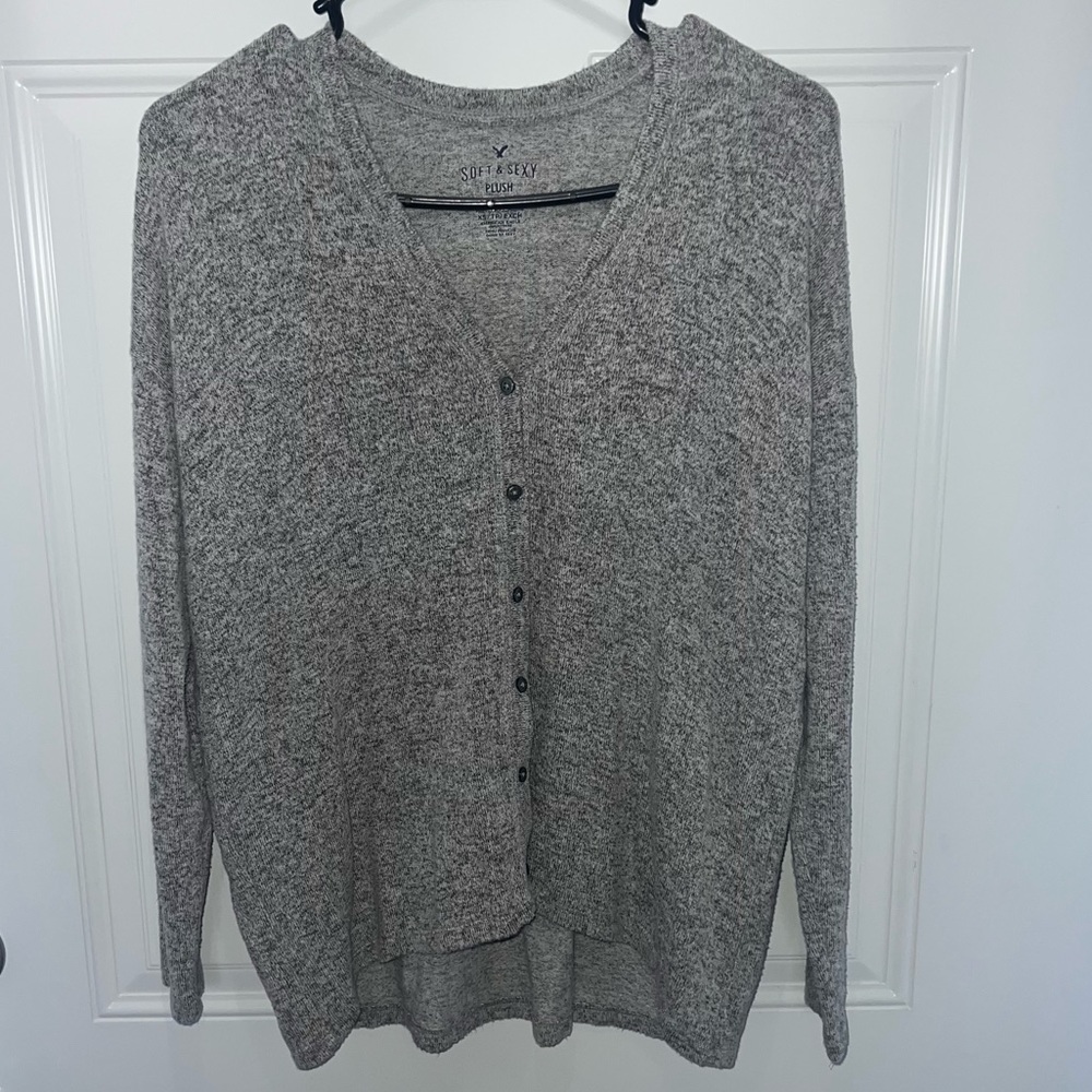 American Eagle Soft Sexy Plush Gray Marled Knit V Neck Button Cardigan Womens XS